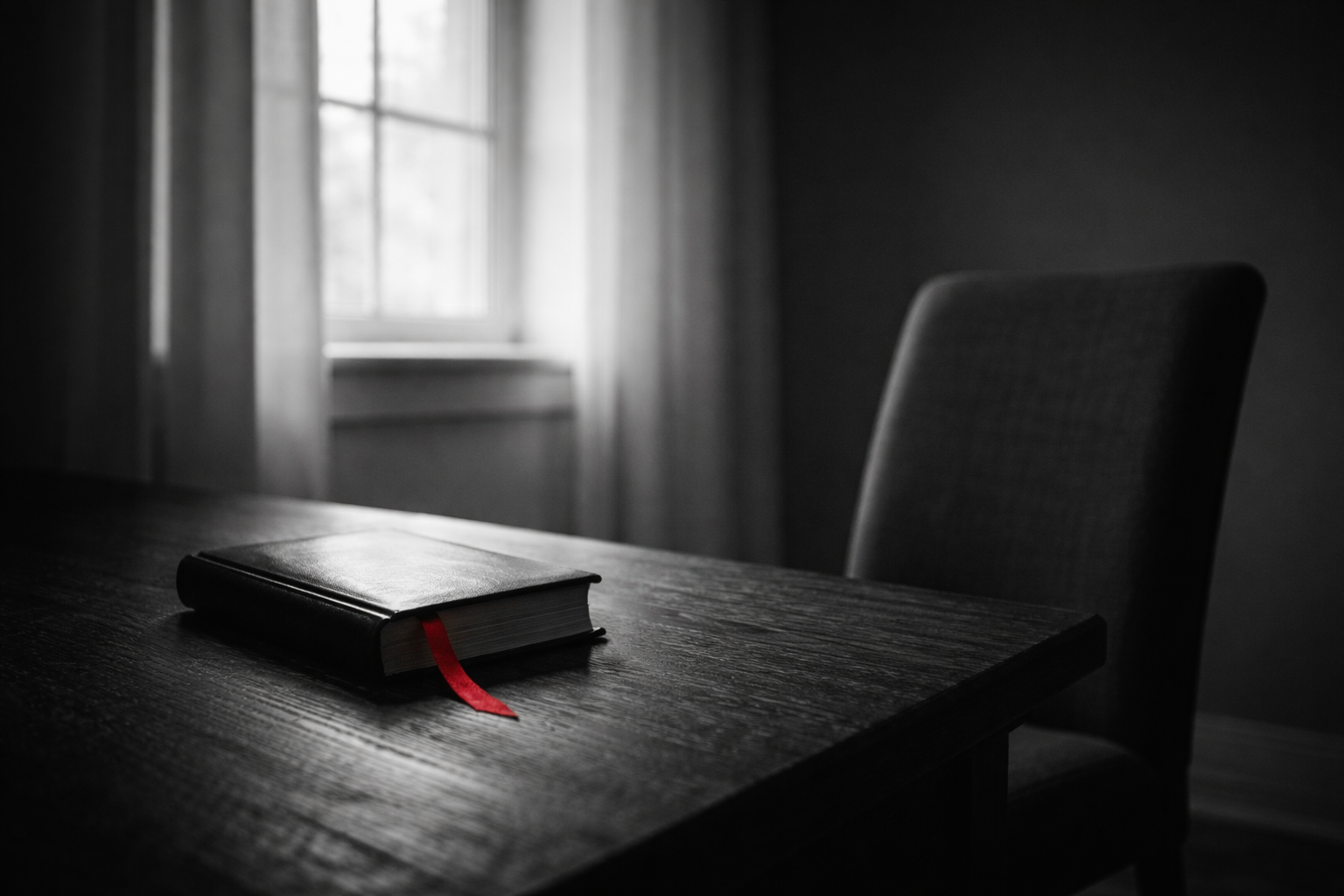 Empty chair near a window with a closed Bible and red ribbon, light pouring in